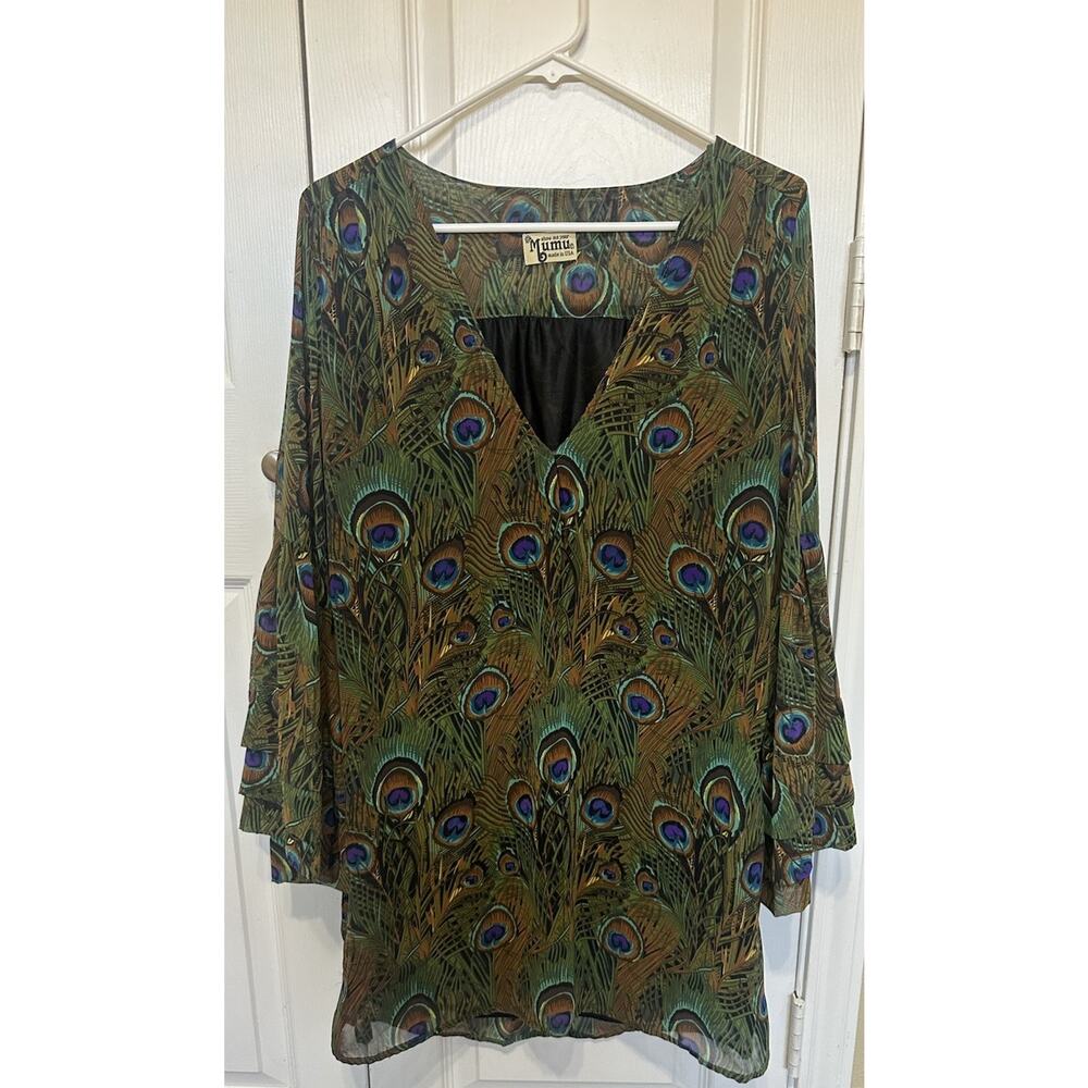 Show Me Your Mumu Peta Tunic Mini Dress A-Line Peacock Bell Sleeve Sz Small